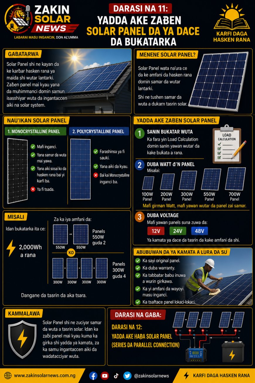 DARASI NA 11: YADDA AKE ZAƁEN SOLAR PANEL DA YA DACE DA BUƘATARKA