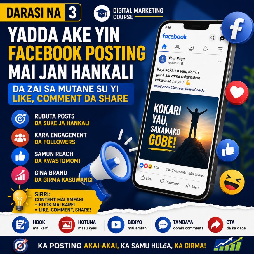 DARASI NA 3: YADDA AKE YIN FACEBOOK POSTING MAI JAN HANKALI DA ZAI SA MUTANE SU YI LIKE, COMMENT DA SHARE