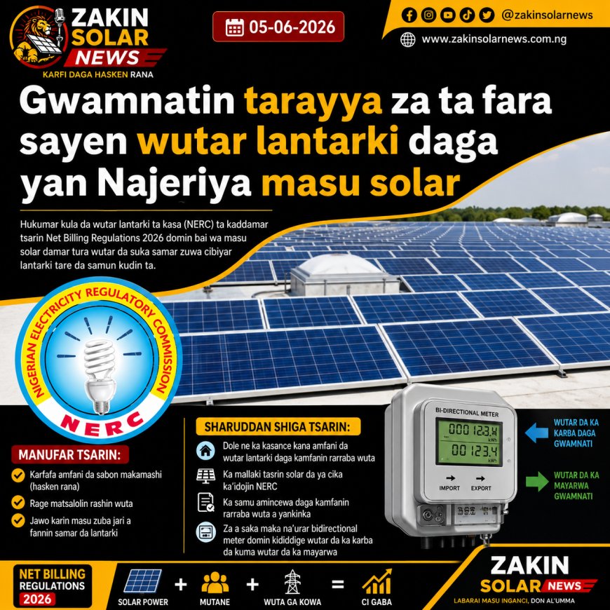 Sabon Tsarin Net Billing 2026: Masu Solar Za Su Iya Sayar Da Wutar Su Ga Hukumar Lantarki